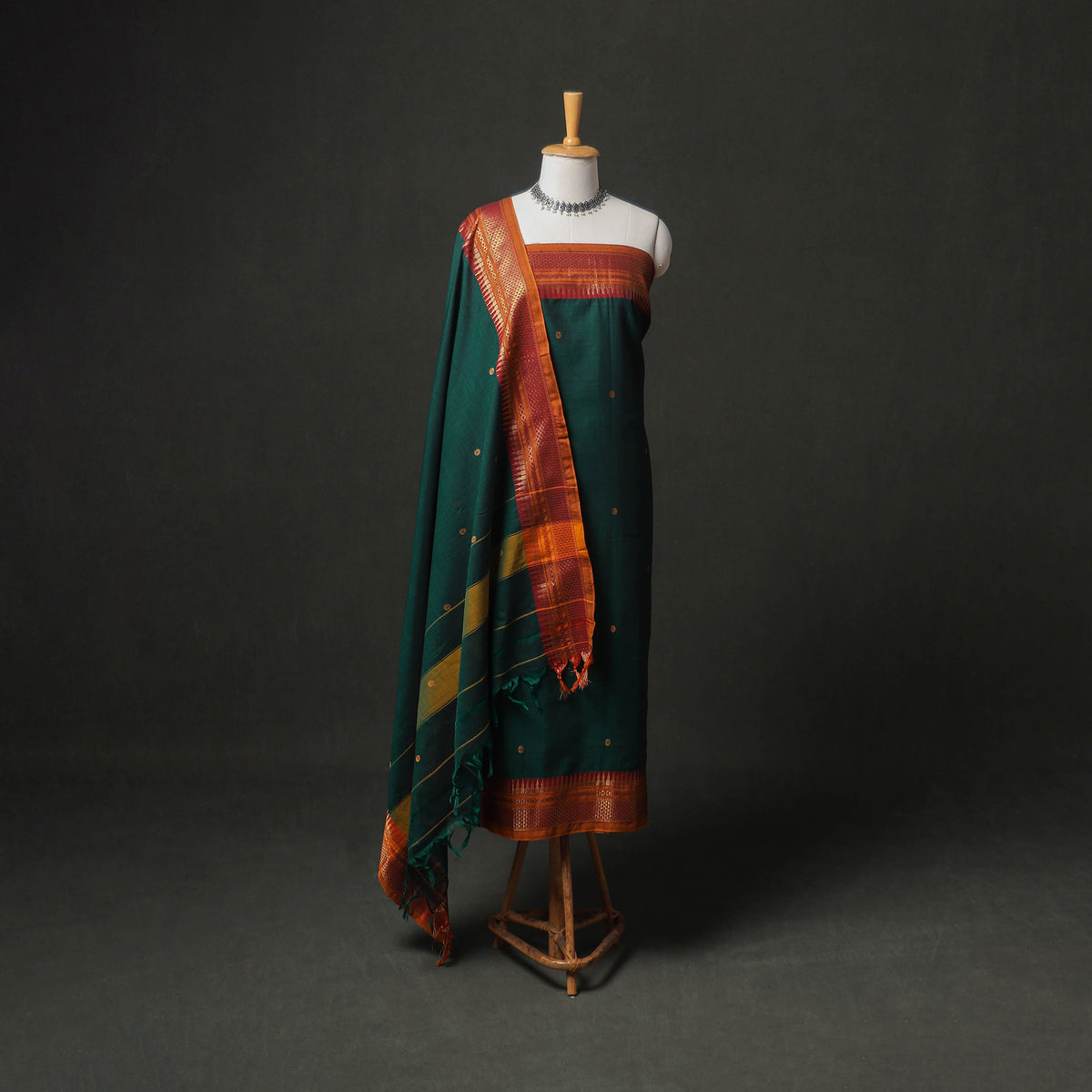 Dharwad Buti Cotton Plain Zari Border Unstitched Dress Material: Kurta, Bottom & Dupatta 53