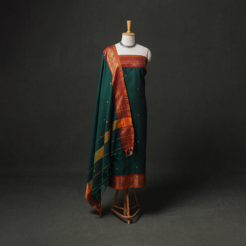 Green - Dharwad Buti Cotton Plain Zari Border Unstitched Dress Material: Kurta, Bottom & Dupatta 53