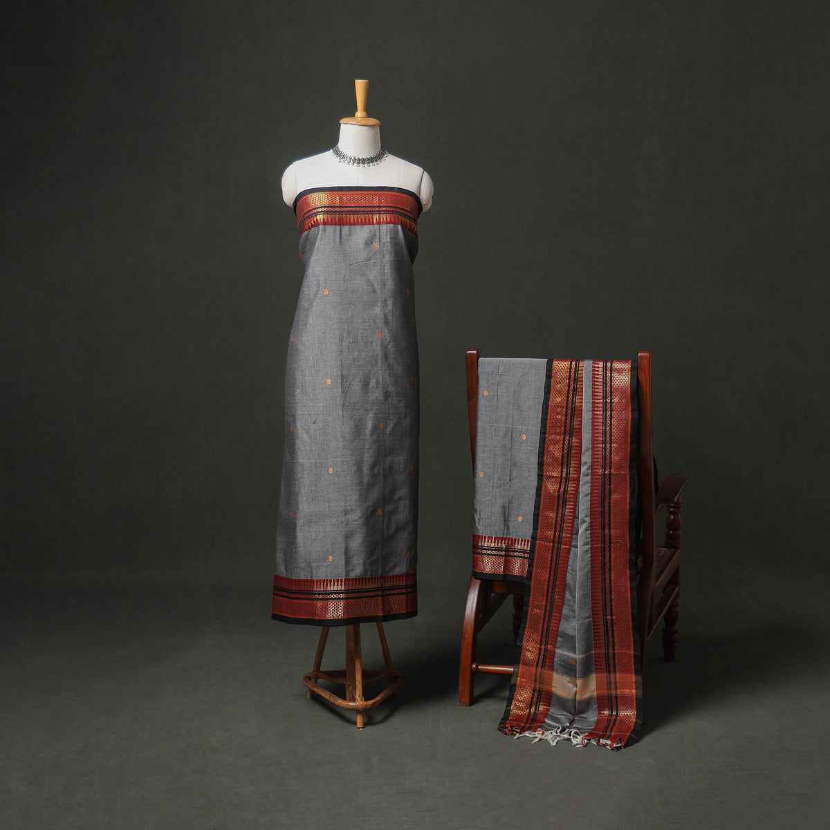 Dharwad Buti Cotton Plain Zari Border Unstitched Dress Material: Kurta, Bottom & Dupatta 54