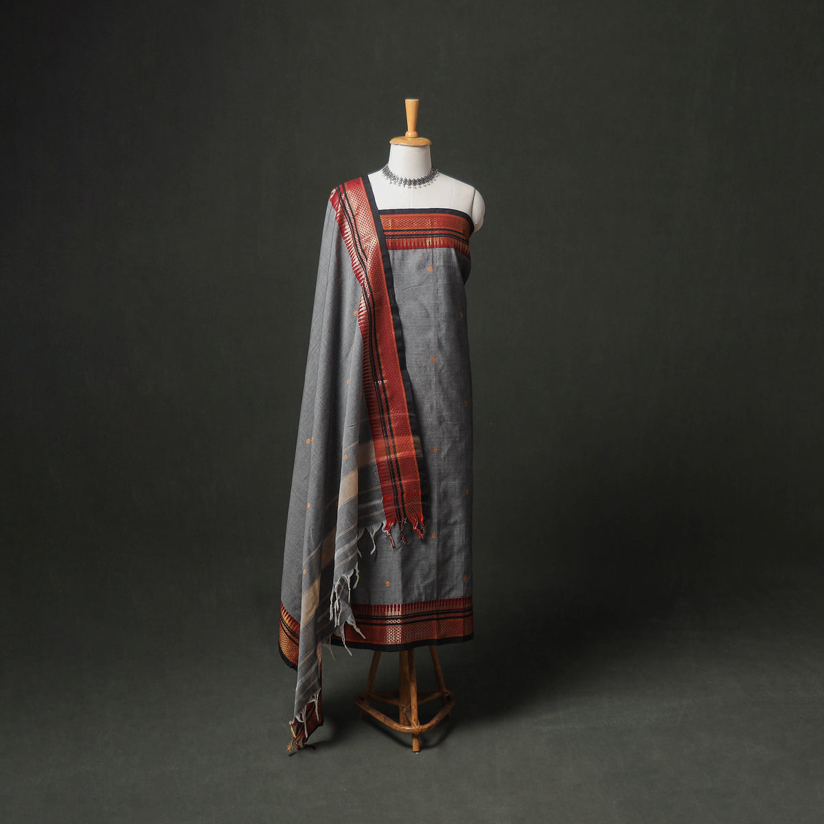 Dharwad Buti Cotton Plain Zari Border Unstitched Dress Material: Kurta, Bottom & Dupatta 54