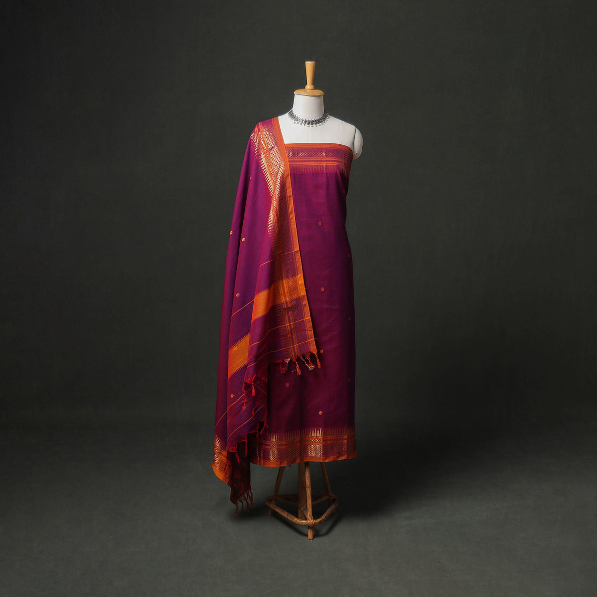 Dharwad Buti Cotton Plain Zari Border Unstitched Dress Material: Kurta, Bottom & Dupatta 55
