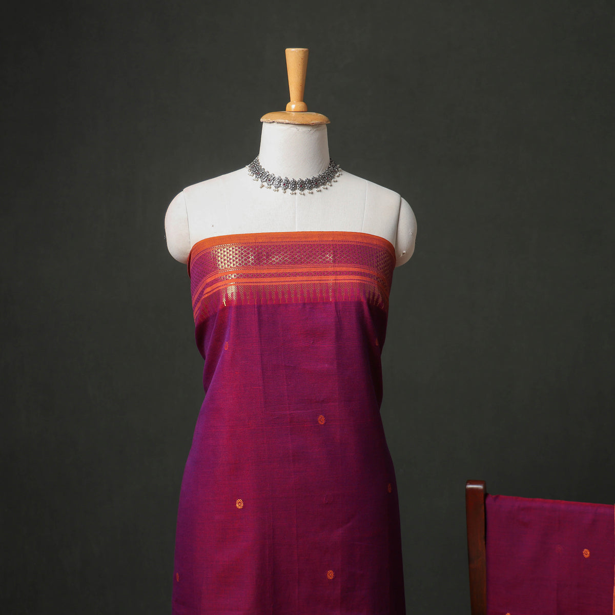 Dharwad Buti Cotton Plain Zari Border Unstitched Dress Material: Kurta, Bottom & Dupatta 55