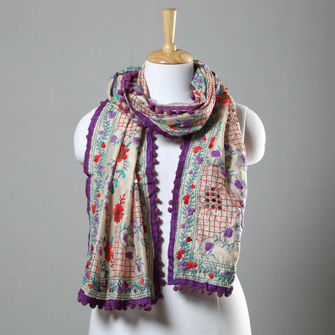 Purple Ranihati Chapa Work Embroidery Chanderi Silk Stole with Pom Pom