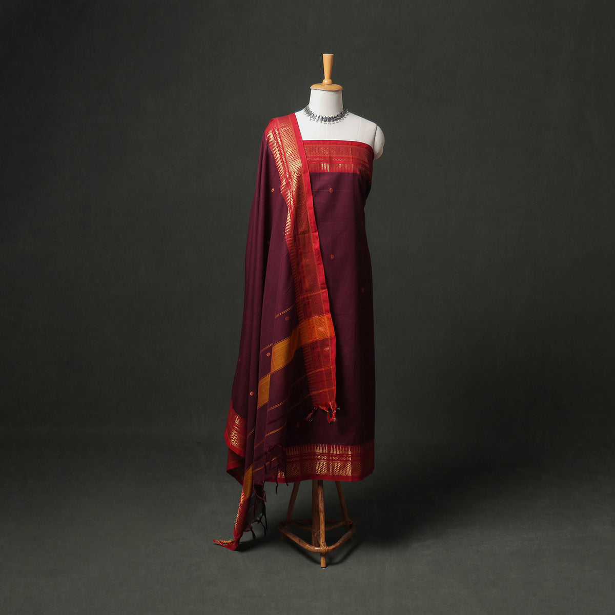 Dharwad Buti Cotton Plain Zari Border Unstitched Dress Material: Kurta, Bottom & Dupatta 56