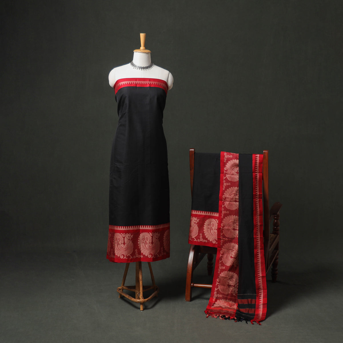 Dharwad Cotton Plain Thread Border Unstitched Dress Material: Kurta, Bottom & Dupatta 57