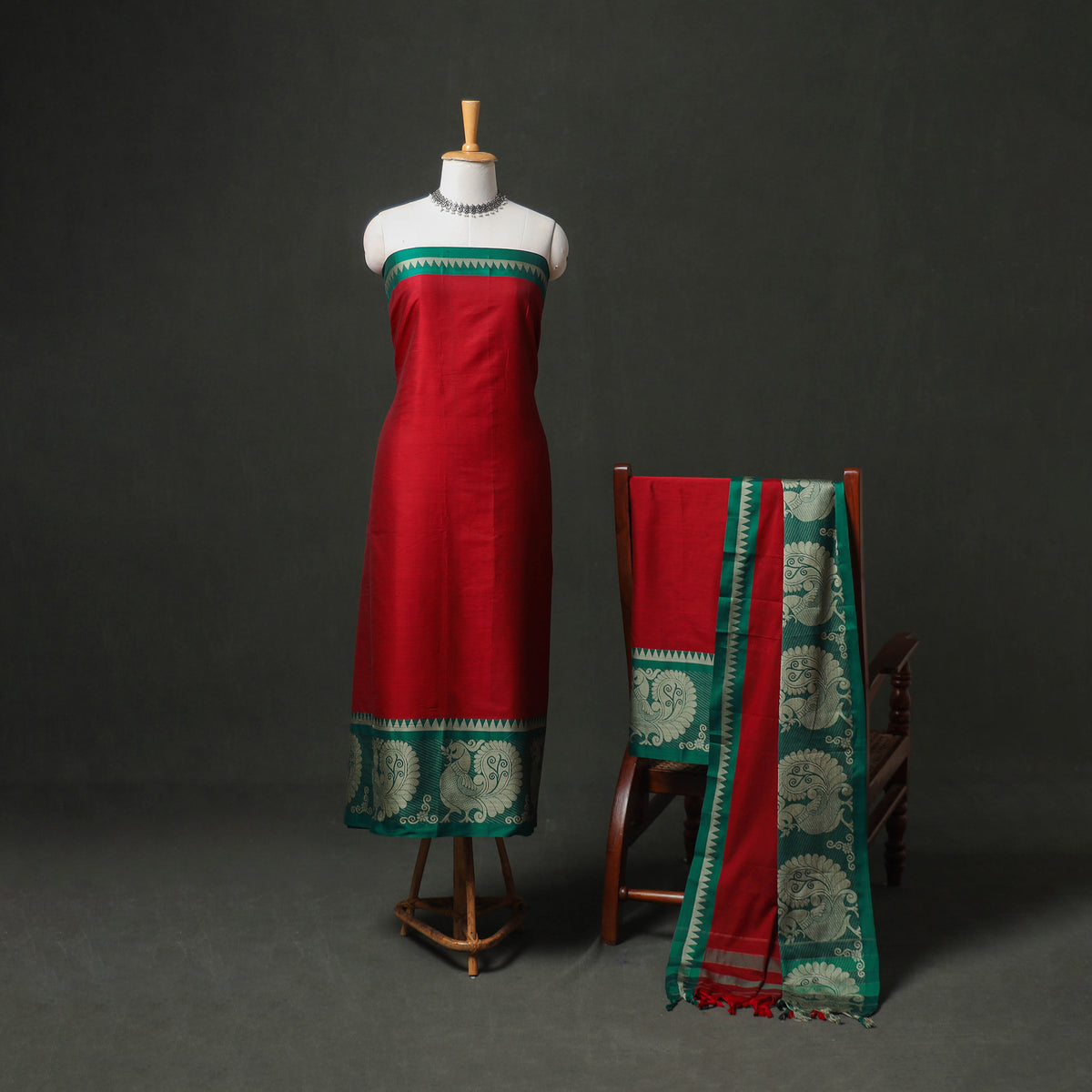 Dharwad Cotton Plain Thread Border Unstitched Dress Material: Kurta, Bottom & Dupatta 59