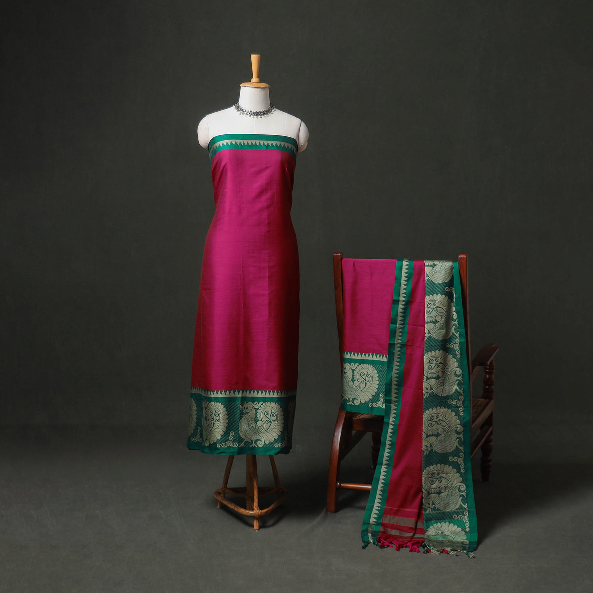 Dharwad Cotton Plain Thread Border Unstitched Dress Material: Kurta, Bottom & Dupatta 60