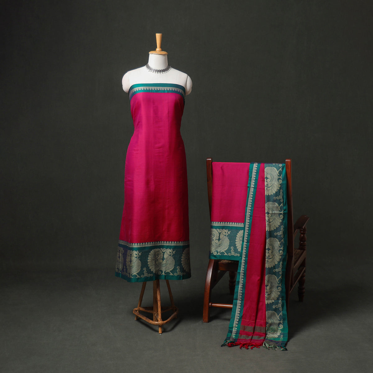 Dharwad Cotton Plain Thread Border Unstitched Dress Material: Kurta, Bottom & Dupatta 61
