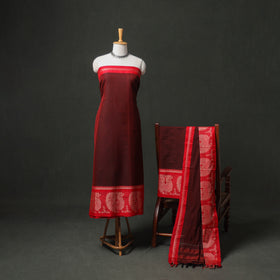 Maroon - Dharwad Cotton Plain Thread Border Unstitched Dress Material: Kurta, Bottom & Dupatta 62