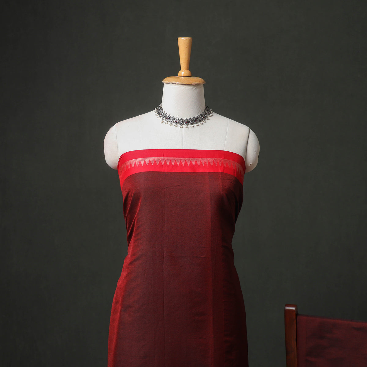 Maroon - Dharwad Cotton Plain Thread Border Unstitched Dress Material: Kurta, Bottom & Dupatta 62