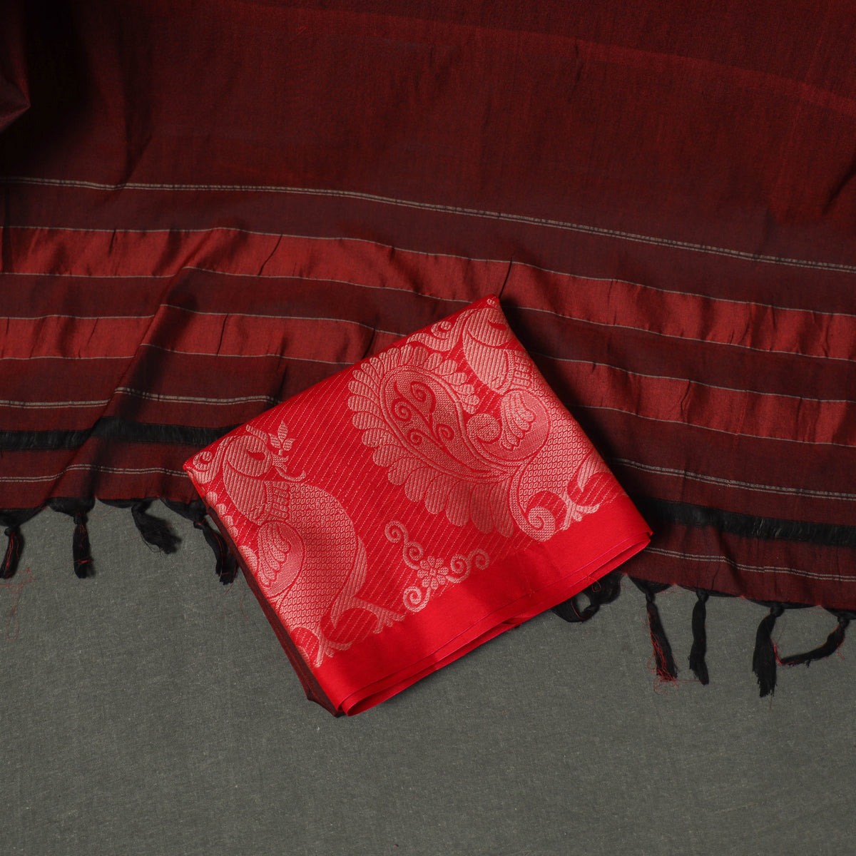 Maroon - Dharwad Cotton Plain Thread Border Unstitched Dress Material: Kurta, Bottom & Dupatta 62