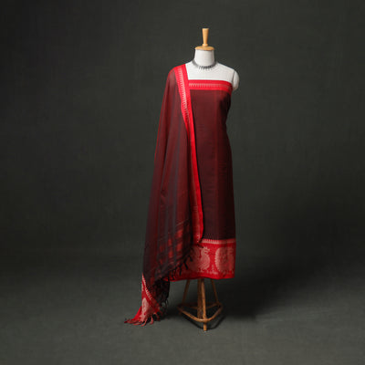 Maroon - Dharwad Cotton Plain Thread Border Unstitched Dress Material: Kurta, Bottom & Dupatta 62