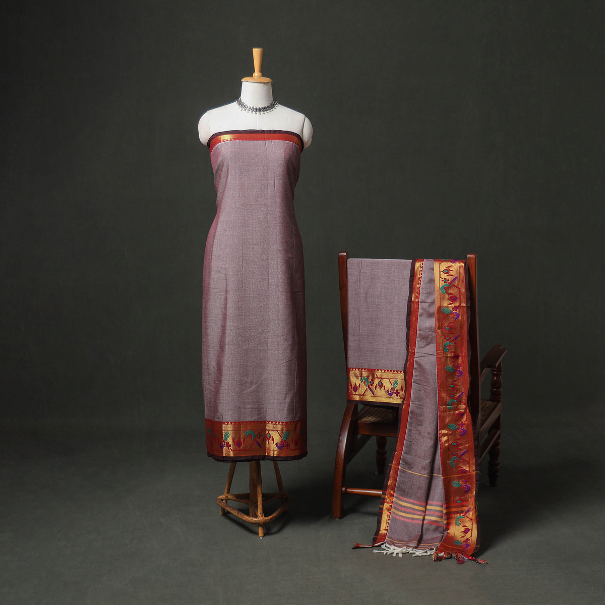 Purple - dharwad cotton plain zari border unstitched dress
