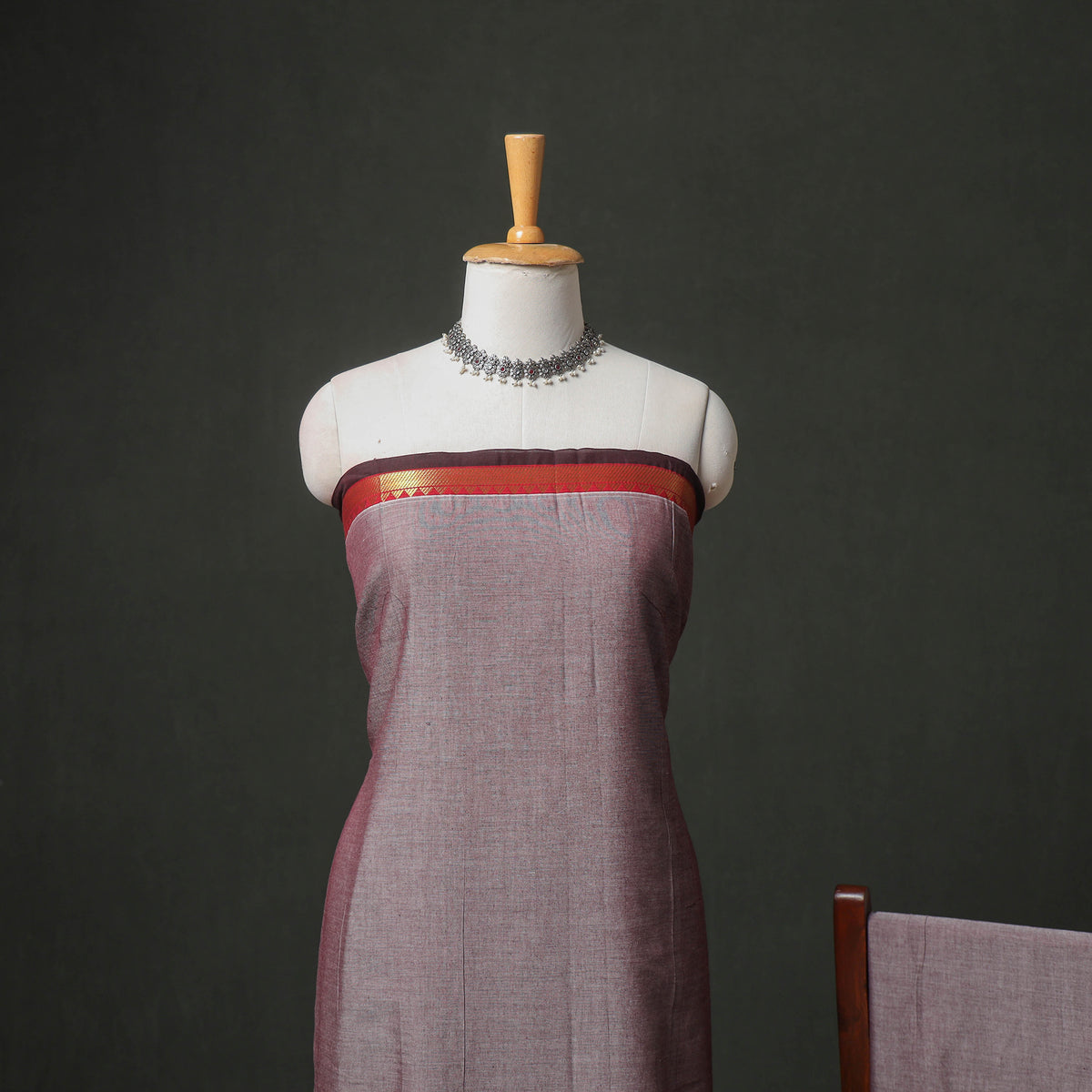 Purple - dharwad cotton plain zari border unstitched dress