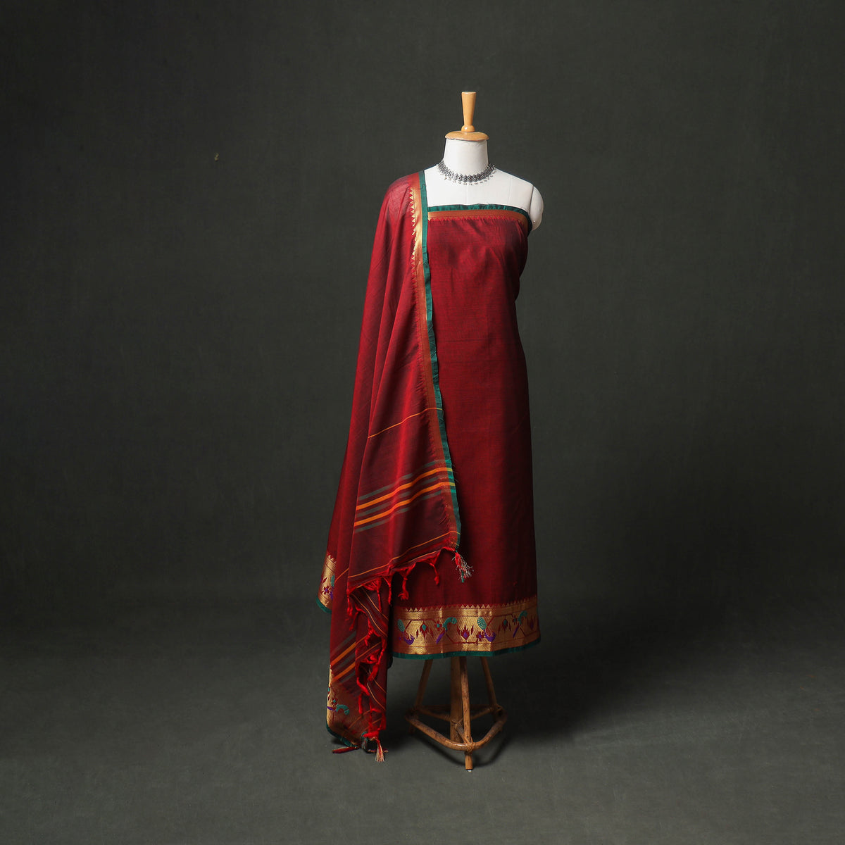 Dharwad Cotton Plain Zari Border Unstitched Dress Material: Kurta, Bottom & Dupatta 64