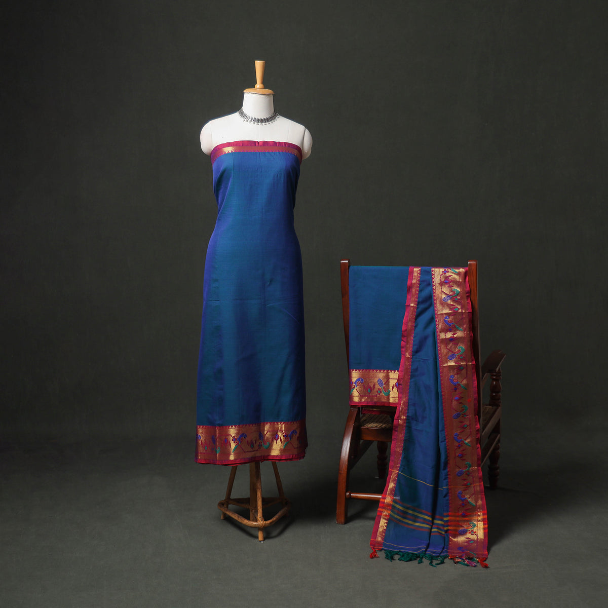 Dharwad Cotton Plain Zari Border Unstitched Dress Material: Kurta, Bottom & Dupatta 65