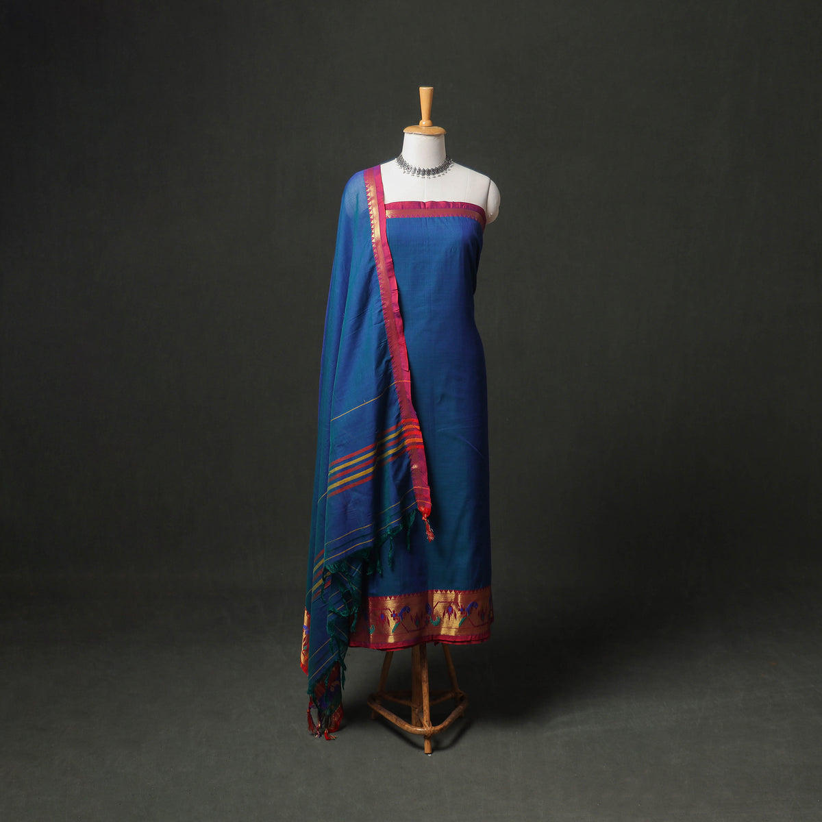 Dharwad Cotton Plain Zari Border Unstitched Dress Material: Kurta, Bottom & Dupatta 65
