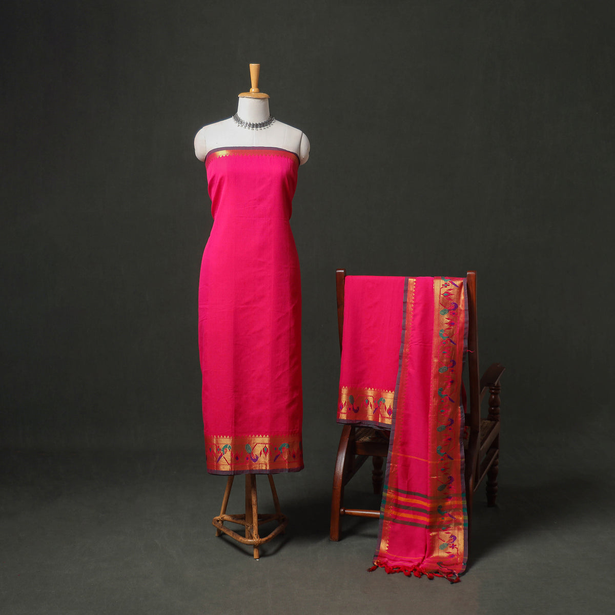 Pink - dharwad cotton plain zari border unstitched dress