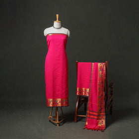 Pink - dharwad cotton plain zari border unstitched dress