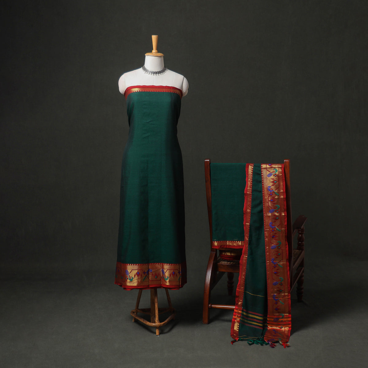 Dharwad Cotton Plain Zari Border Unstitched Dress Material: Kurta, Bottom & Dupatta 67