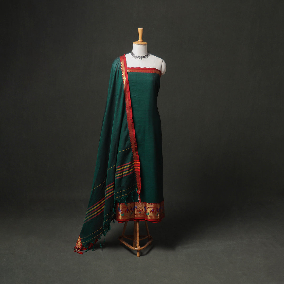 Dharwad Cotton Plain Zari Border Unstitched Dress Material: Kurta, Bottom & Dupatta 67