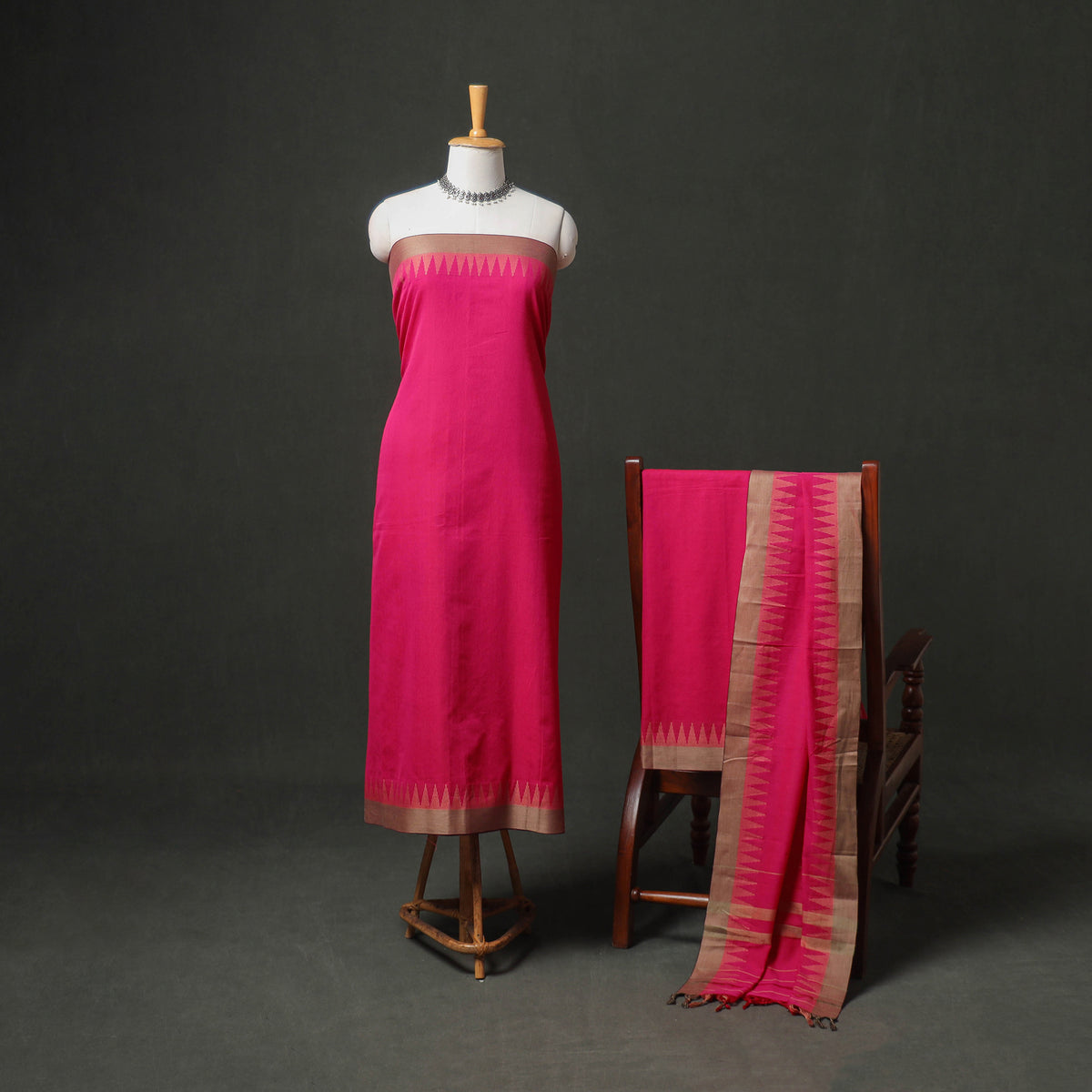 Dharwad Cotton Plain Thread Border Unstitched Dress Material: Kurta, Bottom & Dupatta 68