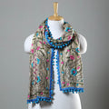 Blue Ranihati Chapa Work Embroidery Chanderi Silk Stole with Pom Pom