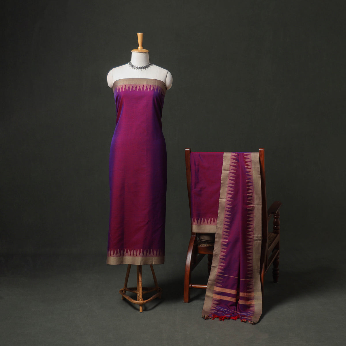 Dharwad Cotton Plain Thread Border Unstitched Dress Material: Kurta, Bottom & Dupatta 73