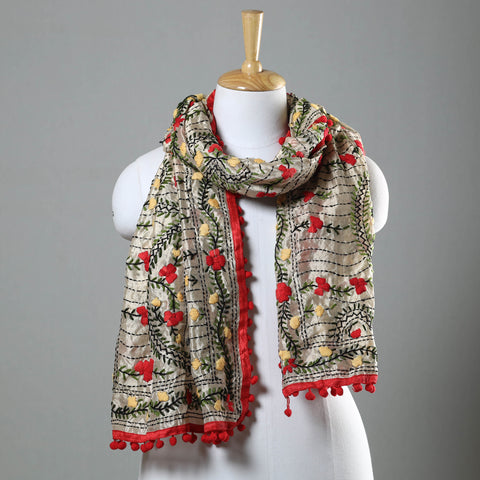 Red Ranihati Chapa Work Embroidery Chanderi Silk Stole