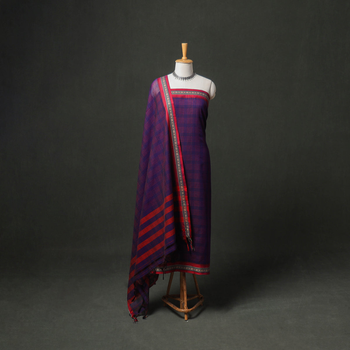Dharwad Cotton Plain Thread Border Unstitched Dress Material: Kurta, Bottom & Dupatta 77