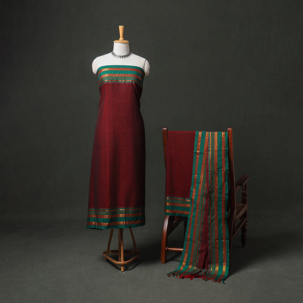 Dharwad Cotton Plain Thread Border Unstitched Dress Material: Kurta, Bottom & Dupatta 78