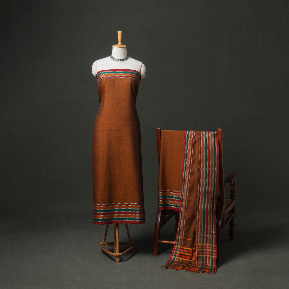 Dharwad Cotton Plain Thread Border Unstitched Dress Material: Kurta, Bottom & Dupatta 79