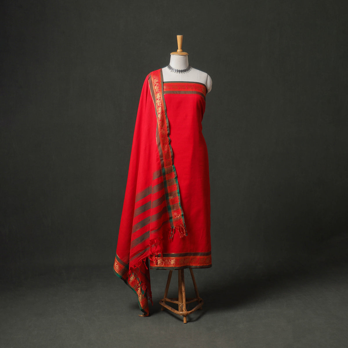 Dharwad Cotton Plain Zari Border Unstitched Dress Material: Kurta, Bottom & Dupatta 04