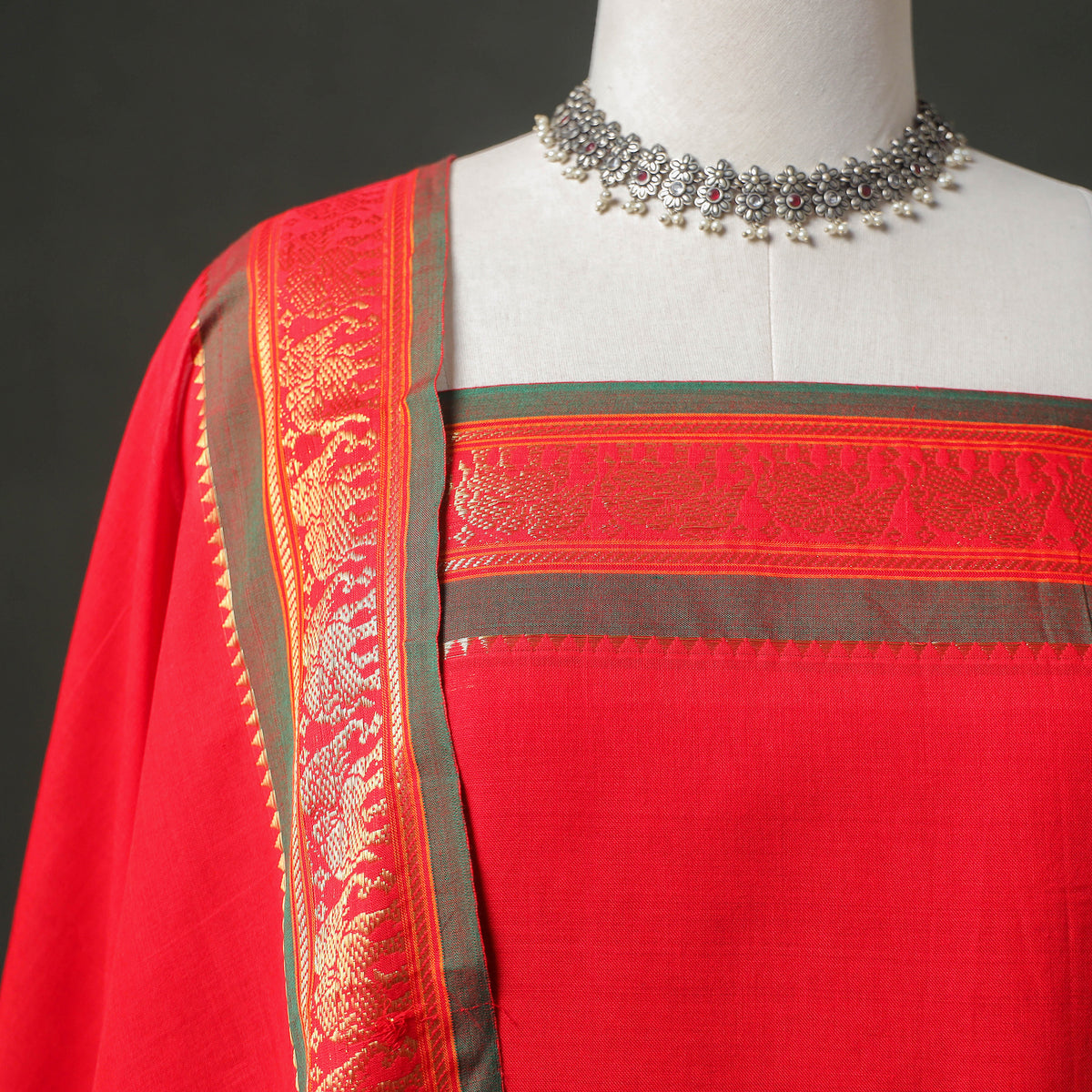 Dharwad Cotton Plain Zari Border Unstitched Dress Material: Kurta, Bottom & Dupatta 04