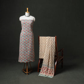Floral Hand Block Sanganeri Print Woolen Unstitched Dress Material: Kurta, Bottom with Dupatta 02