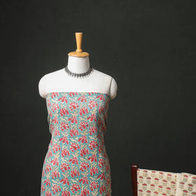 Floral Hand Block Sanganeri Print Woolen Unstitched Dress Material: Kurta, Bottom with Dupatta 02
