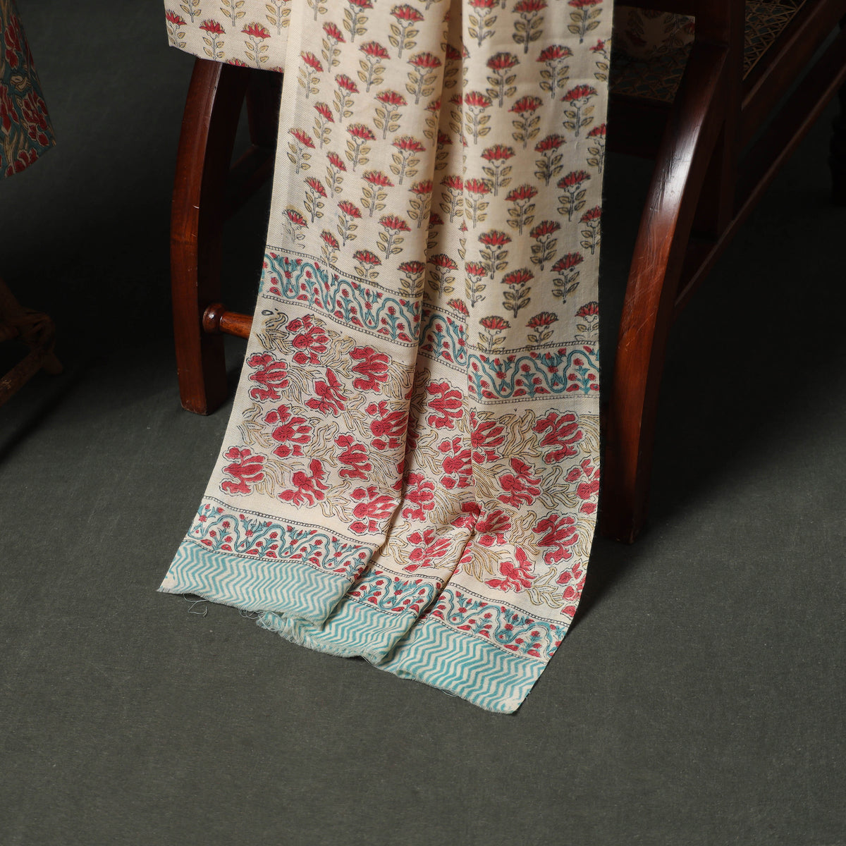Floral Hand Block Sanganeri Print Woolen Unstitched Dress Material: Kurta, Bottom with Dupatta 02