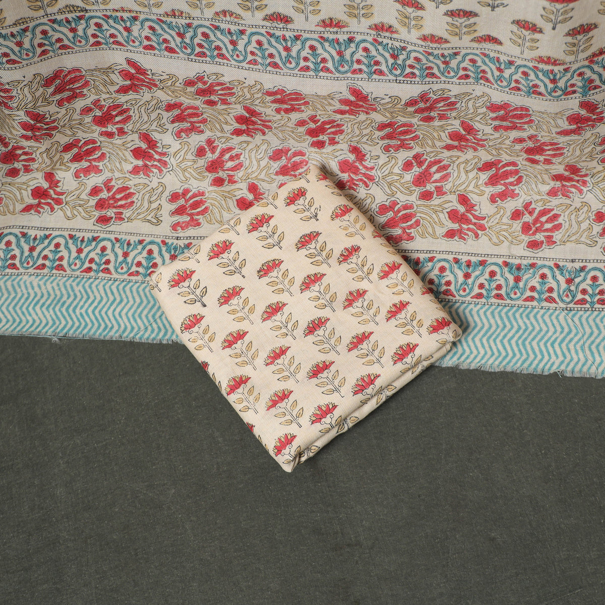 Floral Hand Block Sanganeri Print Woolen Unstitched Dress Material: Kurta, Bottom with Dupatta 02
