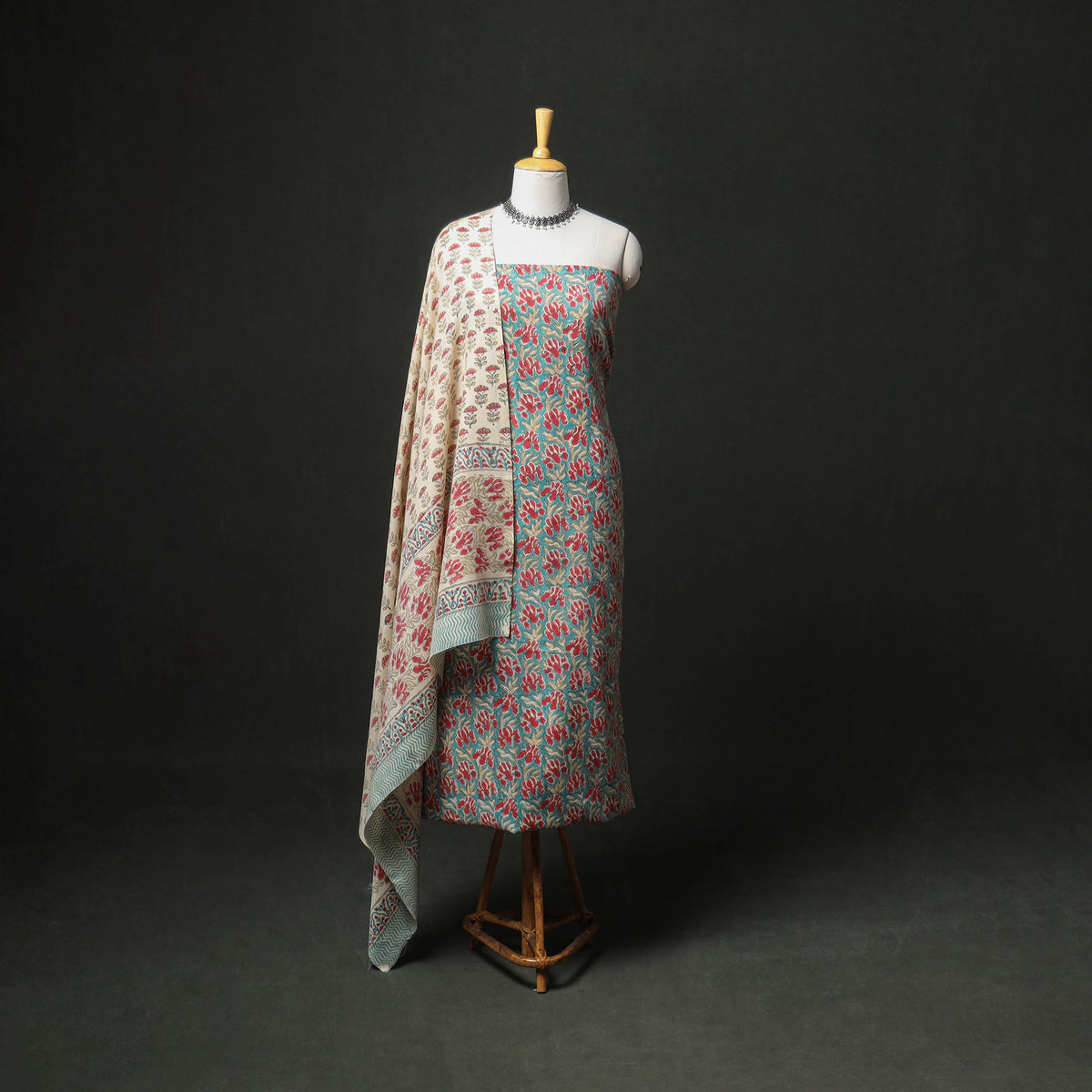 Floral Hand Block Sanganeri Print Woolen Unstitched Dress Material: Kurta, Bottom with Dupatta 02
