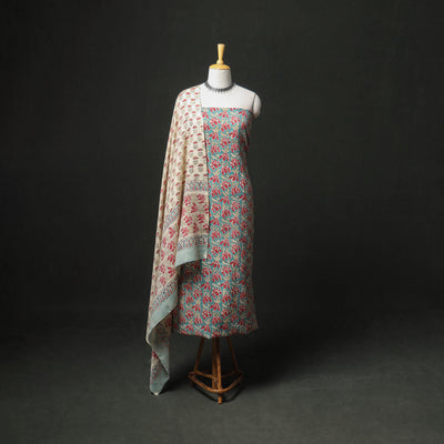 Floral Hand Block Sanganeri Print Woolen Unstitched Dress Material: Kurta, Bottom with Dupatta 02