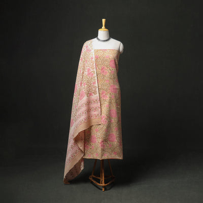 Floral Hand Block Sanganeri Print Woolen Unstitched Dress Material: Kurta, Bottom with Dupatta 01