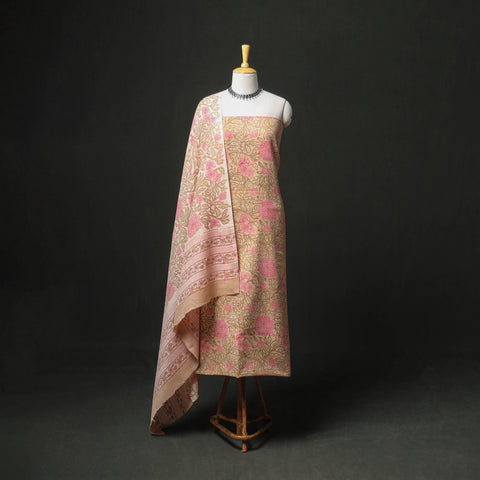 Floral Hand Block Sanganeri Print Woolen Unstitched Dress Material: Kurta, Bottom with Dupatta 01