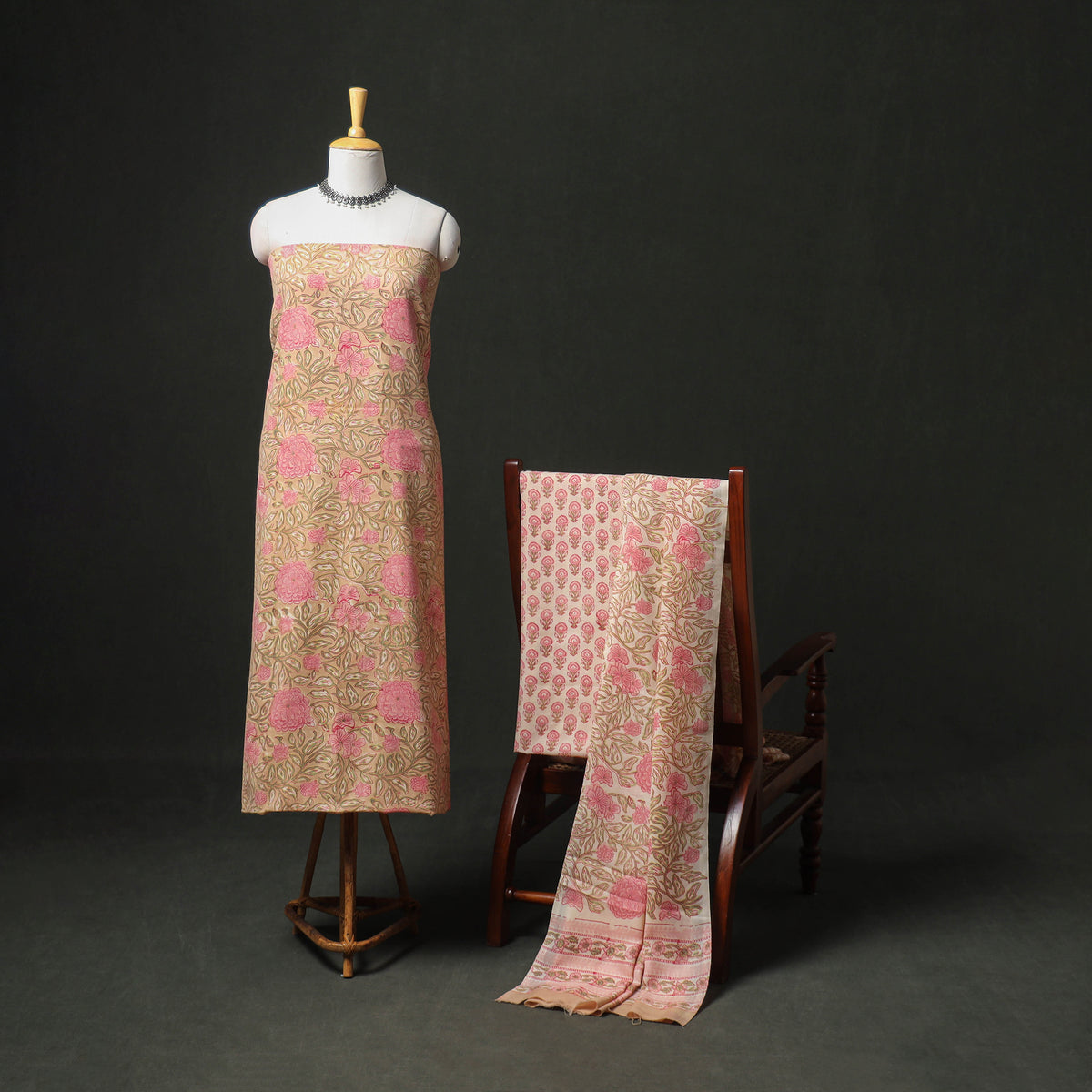 Floral Hand Block Sanganeri Print Woolen Unstitched Dress Material: Kurta, Bottom with Dupatta 01