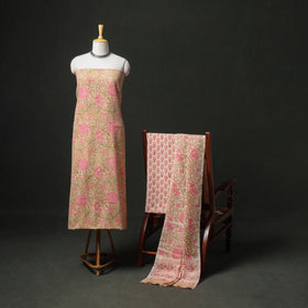 Floral Hand Block Sanganeri Print Woolen Unstitched Dress Material: Kurta, Bottom with Dupatta 01