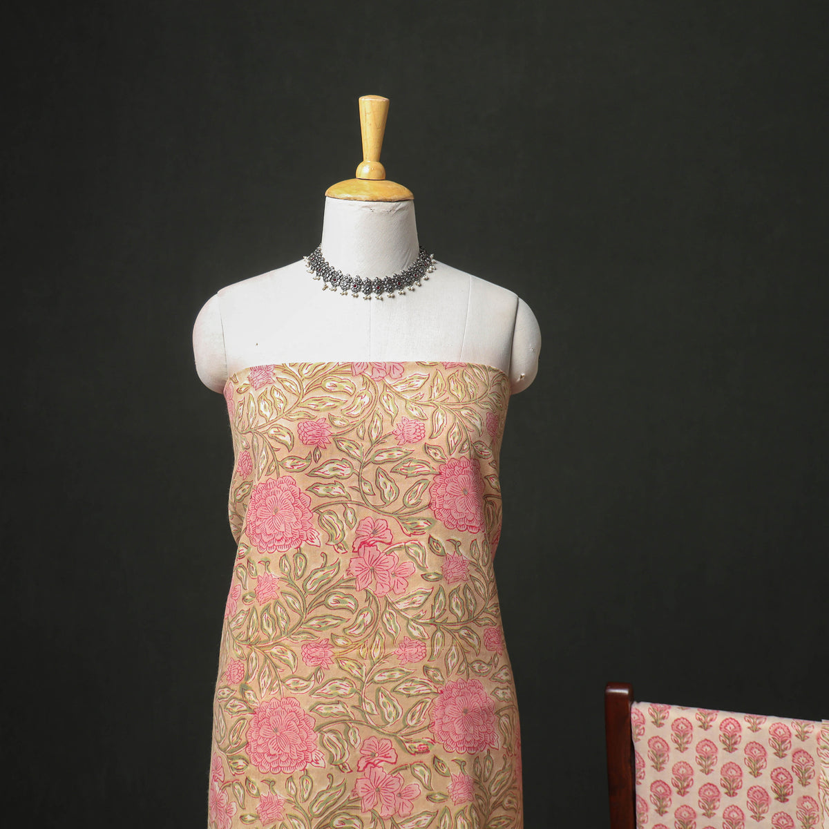 Floral Hand Block Sanganeri Print Woolen Unstitched Dress Material: Kurta, Bottom with Dupatta 01
