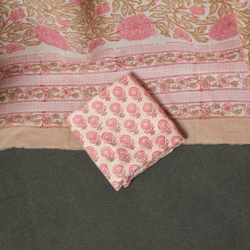 Floral Hand Block Sanganeri Print Woolen Unstitched Dress Material: Kurta, Bottom with Dupatta 01