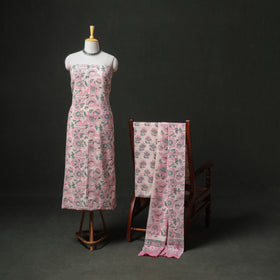 Floral Hand Block Sanganeri Print Woolen Unstitched Dress Material: Kurta, Bottom with Dupatta 03