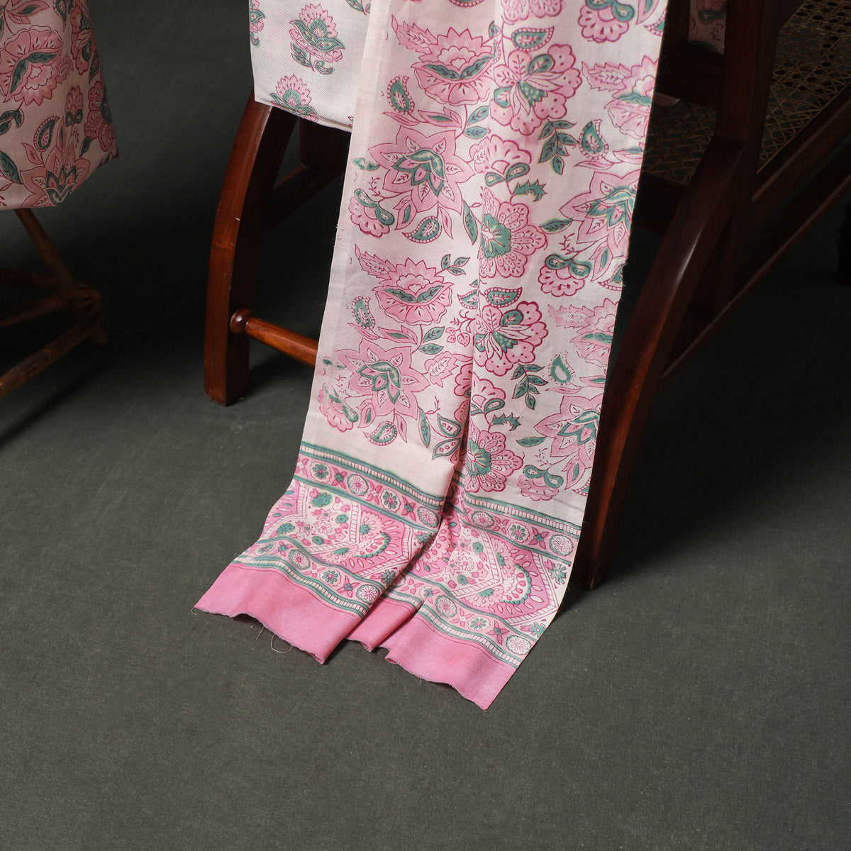 Floral Hand Block Sanganeri Print Woolen Unstitched Dress Material: Kurta, Bottom with Dupatta 03