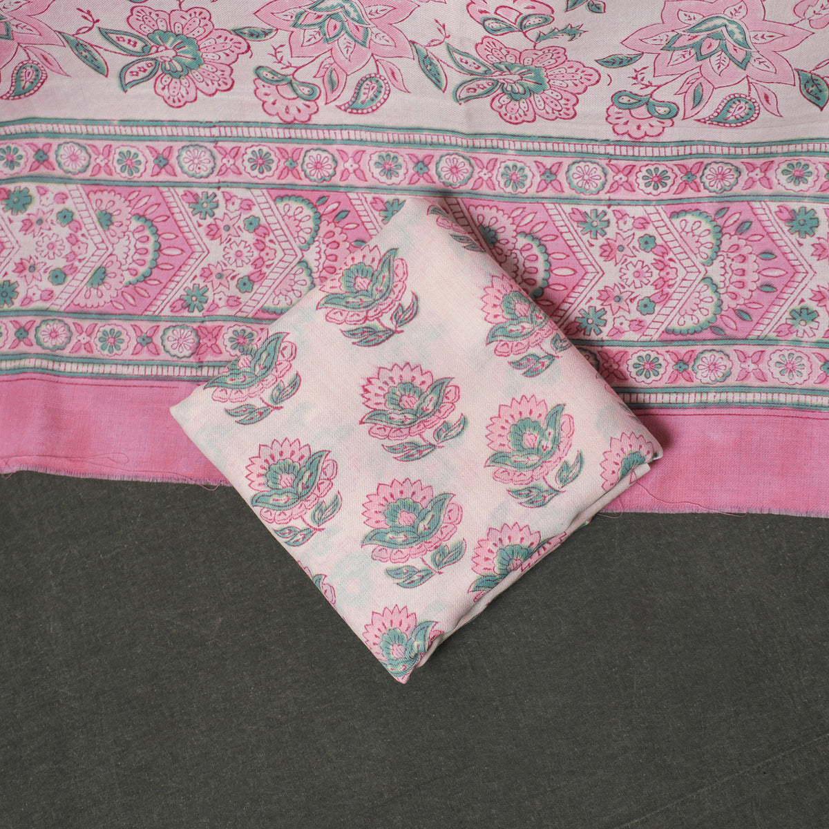 Floral Hand Block Sanganeri Print Woolen Unstitched Dress Material: Kurta, Bottom with Dupatta 03