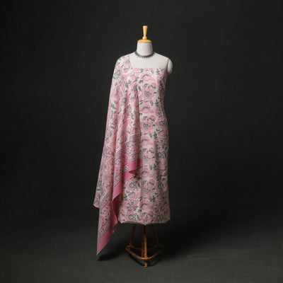 Floral Hand Block Sanganeri Print Woolen Unstitched Dress Material: Kurta, Bottom with Dupatta 03